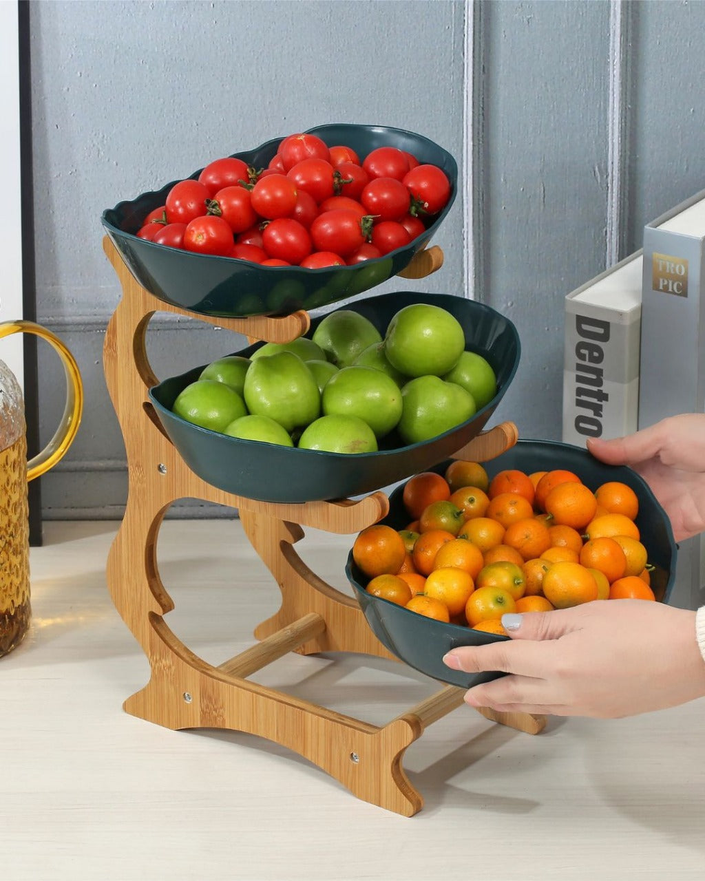 Fruteira com 2 ou 3 Camadas Estrutura em Bambu para Mesa Organizada