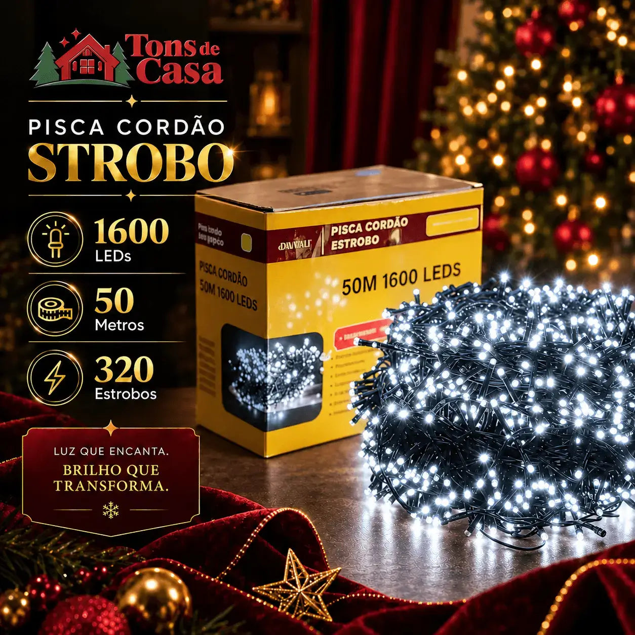 Cordão LED Natalino Pisca Strobo Bivolt À Prova d’Água