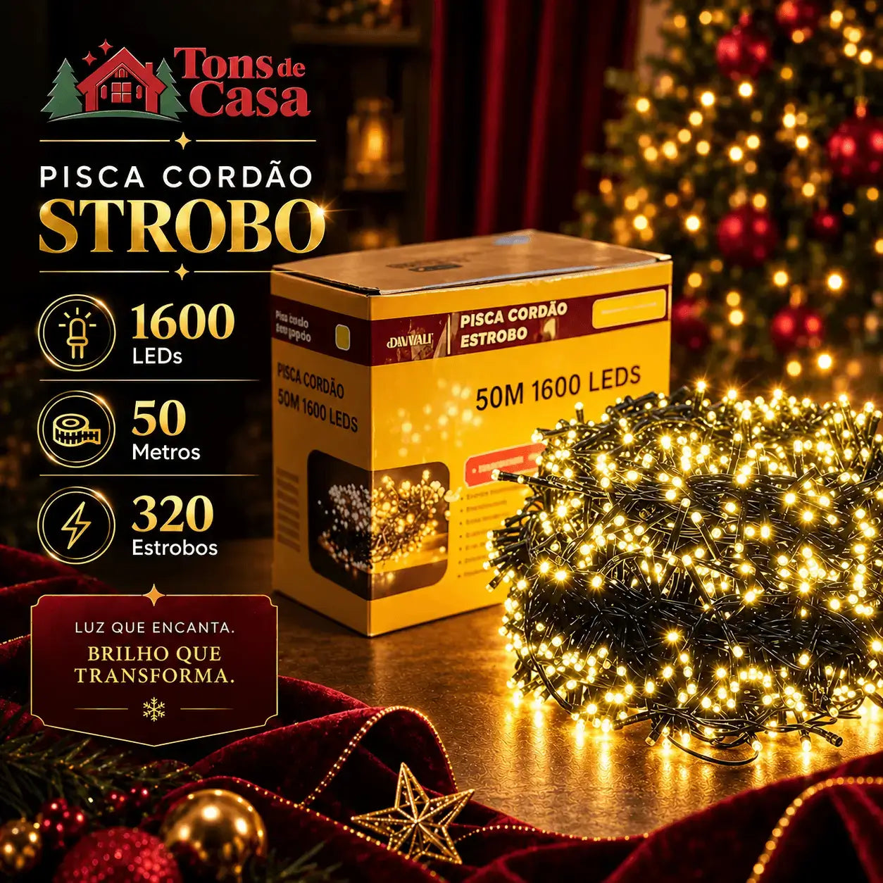 Cordão LED Natalino Pisca Strobo Bivolt À Prova d’Água